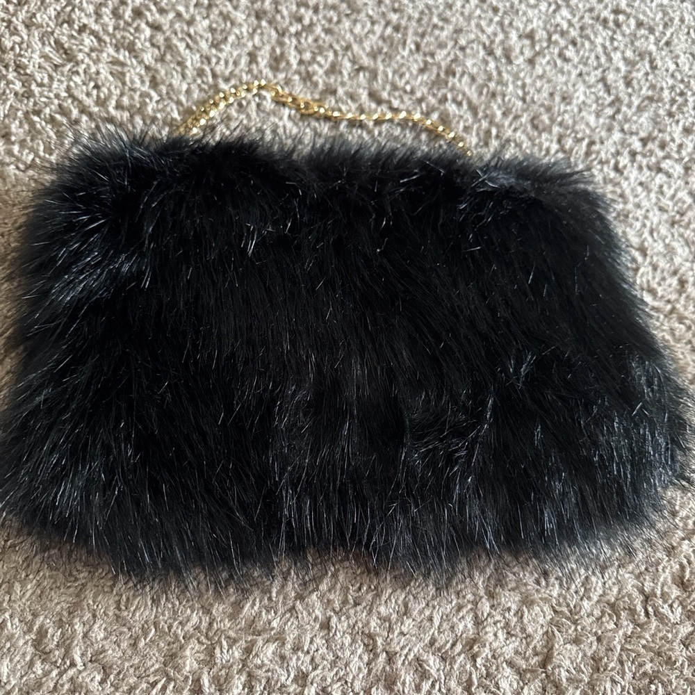 Black Faux Fur Clutch with Gold Chain